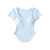 2569-Moda Europeia e Americana Gola Quadrada Elegante Versátil Manga Curta Camiseta para Mulheres 2025 Nova Sexy Slim Camisa de Base Top