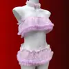 Lingerie Sexy, Estilo Suave e Doce, Uniforme de Três Peças Transparente, Desejo Puro, Renda Brincalhona, Conjunto de Top Tubo Estilo Bolo e Saia Curta