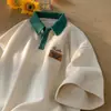Camisa polo de tricô waffle, camiseta de manga curta, marca moderna retrô americana de verão, estilosa e versátil, camiseta de meia-manga com gola de lapela