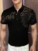 Nueva Camisa Polo de Verano Europea de Manga Corta con Bordado y Pedrería, Camiseta de Media Manga Estilo Coreano con Cuello Campana y Diseño de Cabeza de León para Hombre