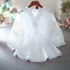 Camisa Bordada Artística New Retro Transfronteriza para Mujer Top Manga de Linterna de Siete Puntos Holgada que Cubre el Vientre Camisa Adelgazante con Cuello en V