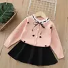 Conjunto de Niña 2026 Otoño/Invierno Nuevo Estilo Falda Cuello Redondo Lazo de Corazón Cardigan de Punto de Encaje Moda Conjunto de Dos Piezas