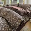 Juego de Cuatro Piezas de Algodón Grueso Estilo Vintage, Algodón y Lino, Estampado Floral Ins, Estilo Botón de Lino Original, Juego de Tres Piezas de Algodón Puro, Estilo Sábana Ajustable, 4 Piezas
