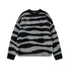 Suéter de Rayas de Cuello Redondo de Moda Europeo y Americano para Hombre, Suéter de Punto Suave y Peludo Cepillado de Manga Larga para Otoño e Invierno