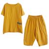 Conjunto de dos piezas casual holgado adelgazante de algodón y lino de talla grande retro de verano 2025 con pantalones harem cortos