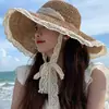 Sombrero de Paja para Mujer Verano Estilo Coreano con Cordones Sombrero de Paja Calado para Viaje Protección Solar Sombrero de Sol para Playa Sombrero con Visera de Encaje