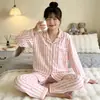 Pijama Casual para Mujer para Primavera y Otoño, Diseño Rayado tipo Algodón, Tacto de Alta Gama, Manga Larga, Pantalón Largo, Estilo Delgado, Ropa de Casa, Adecuado para Usar como Ropa Exterior, Venta al por Mayor