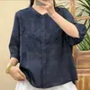 Blusa bordada estilo retro para mamás, tela fina casual de verano, nuevo diseño de manga tres cuartos, corte holgado y efecto adelgazante
