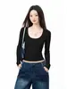 Top Cuadrado Puro Algodón Manga Larga para Mujer, Ropa Interior de Otoño Capa Base, Color Sólido Ajustado, Hombro Normal, Camiseta de Escote Amplio