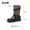 Botas Femininas ZHR de Cano Médio com Salto Bloco 2026 Outono Novo Estilo Botas Western Martin Marrons Aumentadoras de Altura Botas Melade