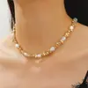 Corrente de Clavícula Assimétrica de Pérola de Imitação Europeia e Americana para Mulheres Liga de Bronze Barroca Geométrica Cascalho Design Simples Colar Ins