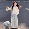 Moda para Niñas 2026 Estilo Coreano Casual Pantalones de Pierna Ancha a Cuadros Elegante y Único Conjunto de Dos Piezas con Cuello de Solapa Sudadera de Manga Larga