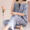 Pijama de algodón y seda para mujer de primavera y verano, corte holgado con cuello de corbata, múltiples estampados, uso versátil, conjunto de manga corta y pantalón largo, ropa para el hogar