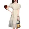 Vestido Floral Francés para Mujer Verano 2024 Nuevo Elegante Cordón Cintura Alta Manga Corta Abullonada Falda Bordada