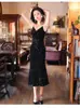 Estilo Francés Lujo Ligero Elegante Estilo Hepburn Terciopelo Negro Tirantes Vestido de Lentejuelas Otoño Brillante Deslumbrante Delgado Vestido Cola de Pez
