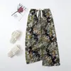 Pantalones de pijama de seda de algodón nuevos de verano para mujer, delgados, de talla grande, sueltos, florales, pantalones de pierna ancha, pantalones exteriores que pueden usar mujeres embarazadas