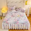 Saia de Cama de Algodão Puro com Acabamento de Renda Estilo Coreano Peça Única Todo Algodão Lençol de Cama de Verão Cobertura de Cama Universal para Todas as Estações Conjunto de Três Peças Estilo Princesa