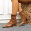 Botas de Moda Retro Nuevas para Otoño e Invierno con Punta Puntiaguda Correa de Hebilla Tacón Grueso Botas Cortas de Gamuza para Mujer con Costuras y Cremallera Trasera