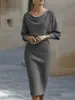 Vestido canelado de um ombro com manga morcego, estilo europeu e americano, para mulheres, acinturado, que molda o quadril, de comprimento médio, elegante e adequado para o trabalho