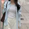 Camisa Feminina de Alta Qualidade Dongdaemun Coreana Moda Estilo Fresco Color-Blocked Xadrez Gola Reversível Fina Proteção Solar com Gola Polo e Manga Longa
