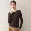 Suéter de lã de alta qualidade, malha fina sem costura, gola U, corte slim para mulheres, manga longa, adequado para usar em camadas no outono e inverno, top de malha fina