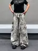 Calça jeans larga estilo patchwork de estampa de leopardo, design para primavera e outono, calça casual solta de perna reta até o chão para adolescentes