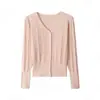 Cárdigan de punto rosa con cuello en V para mujer, estilo francés suave de otoño, color liso, rayas verticales, manga larga, suéter ligero de abrigo
