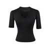 Camiseta de manga media con cuello en V, estilo chica hot puramente deseable para mujer, versátil para el verano, elástica, ajustada a la cintura, top ajustado