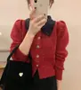 Cárdigan de punto con diseño de manga abullonada estilo francés para mujer, nuevo abrigo suéter de puntos coloridos con solapa de un solo botón para otoño e invierno