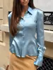 Camisa de cuello francés transfronteriza con brillo satinado, camisa de mujer de corte entallado con hombreras, camisa de mujer de manga larga