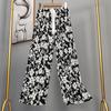 Pantalones de pijama de algodón y seda para mujer, estilo fino de verano, talla grande, pantalones de pierna ancha de cintura alta, adecuados para usar en exteriores, pantalones de playa de seda de algodón artificial, pantalones para casa