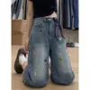 Jeans cropped estilo retrô americano com bordado de cachorro para mulheres, verão 2026 novo shorts solto de perna larga de comprimento médio 7/8