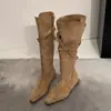 Botas de Cano Alto com Bico Fino e Salto Baixo Estilo Retrô Coreano First Encounter Season para Mulheres Outono/Inverno 2026 Novas Botas Dobráveis de Duas Vias West