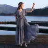 Vestido de Tencel de Verão para Férias na Praia, Emagrecimento, Moderno e Elegante, Cor Sólida, Manga Curta, Longo para Praia