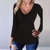 Comércio exterior transfronteiriço europeu e americano Amazon roupas femininas moda feminina com decote em V cordão manga comprida gola drapeada cor sólida top camiseta