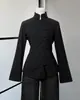 Estilo retrô Primavera e Outono Novo estilo chinês gola alta design diagonal de botão de sapo acinturada manga flare camisa cor sólida feminina atacado preto