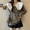 Suéter de Tricô Gola Peter Pan Estilo Francês Outono Novo Feminino Plus Size Solto Emagrecedor Color Block Manga Longa