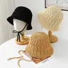 Estilo Coreano Dulce~ Sombrero de Cubo Versátil, Nuevo Sombrero de Paja Primavera y Verano, Sombrero de Pescador Tejido para la Playa, Sombrero de Paja con Lazo
