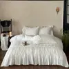 Romántico Francés Blanco Amante Algodón Lavado Bordado Color Puro Elegante Encaje de Algodón Faldón de Cama Juego de Cuatro Piezas
