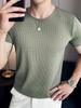 Verão Thin Homens Grande Tamanho xadrez xadrez de manga curta T-shirt Slim-fit coreano pescoço redondo respirável base casual camisa de meia manga