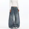 Retro Americano Textura de Junta de Bambú Perforación en Caliente Sentido de Diseño Pantalones Vaqueros de Corte Curvo para Hombres y Mujeres Marca de Moda Silueta Holgada Lavada Pantalones de Pierna Ancha