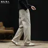 "Espinha de Peixe" Estilo Old Money Algodão Puro Lavado Desbotado Perna Reta Calças Casuais Masculinas Cáqui Soltas Longas Plus Size Outono