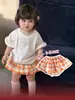 Conjunto de Verão Estilo Coreano para Bebê Menina Duas Peças, Camiseta Estilosa de Manga Curta, Saia Xadrez Colorida, Conjunto para Menina de 1 Ano