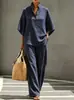 2026 Conjunto de Duas Peças Moda Feminina Casual Europeia e Americana Amazon com Listras, Manga Curta, Bolsos e Calça Pantalona