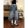 Comercio transfronterizo talla grande diseño de mujer retro lavado incrustado con diamantes verano holgado segmento de bambú americano capris de pierna ancha de mezclilla de moda