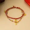 Pulseira de Fio Vermelho com Moeda do Ano Zodiacal e Cavalo Geométrico em Pedra Natural, Elegante e de Alto Padrão, Joia de Pulseira Tecida à Mão