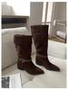 2025 Nuevas Botas de Caña Alta con Hebilla Trenzada y Punta Fina, Tacón Grueso, Aspecto Adelgazante de Gamuza, Botas de Caballero para Otoño e Invierno