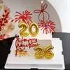 Decoração de Bolo de Véspera de Ano Novo 2026 Fogos de Artifício Balões de Número Acrílicos Velas Ano do Cavalo Decorações de Confeitaria para o Dia de Ano Novo