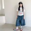 Conjunto de Niña Estilo Coreano 2026 Verano Nuevo Dulce Estampado de Letras para Niños Top Blanco y Pantalones de Pierna Ancha Conjunto de Dos Piezas