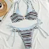 Bikini Sexy con Rayas Frescas de Nuevo Estilo 2027, Falso Dos Piezas, Halter, con Cordones, Fruncido en la Espalda, Escotado, con Abertura, para Mujer